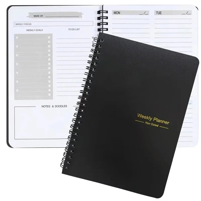 Undated Weekly Planner A5 Weekly Goals Spiral Binding Notebook Planner Agenda Record Daily Plans To Achieve Future Goals Peaceful Pleasures Health and Wellness Blcak