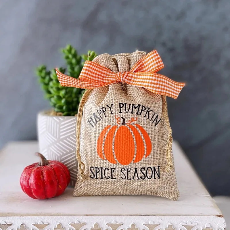 5-Pack Mini Pumpkin Burlap Drawstring Bags | Halloween Decor