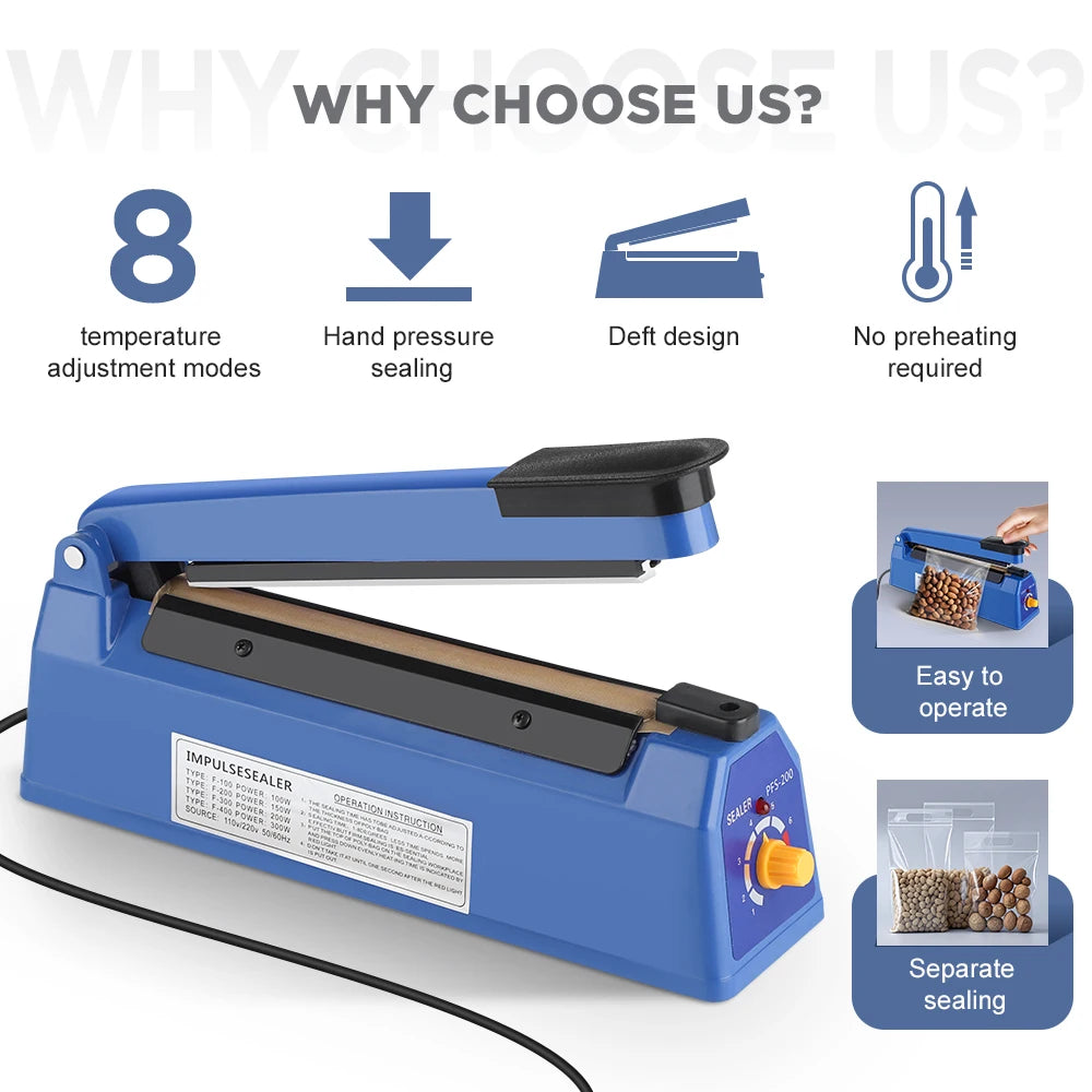 Impulse Sealer Machine Kitchen Food Plastic Manual Sealing 200mm Length Food Vacuum Storage Household 220V Heat Plastic Bag Seal Peaceful Pleasures Health and Wellness
