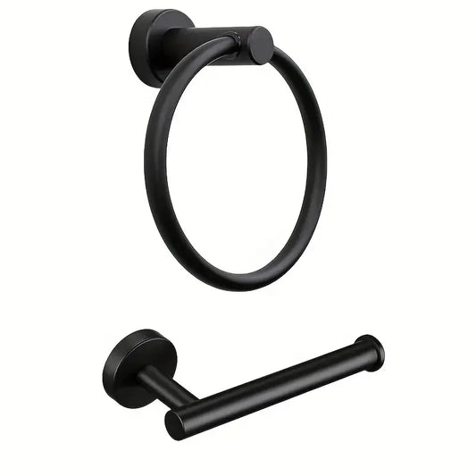 2-Piece Stainless Steel Bathroom Set – Towel & Paper Holder Bathroom Accessory Set Peaceful Pleasures Health and Wellness Black 2pcs