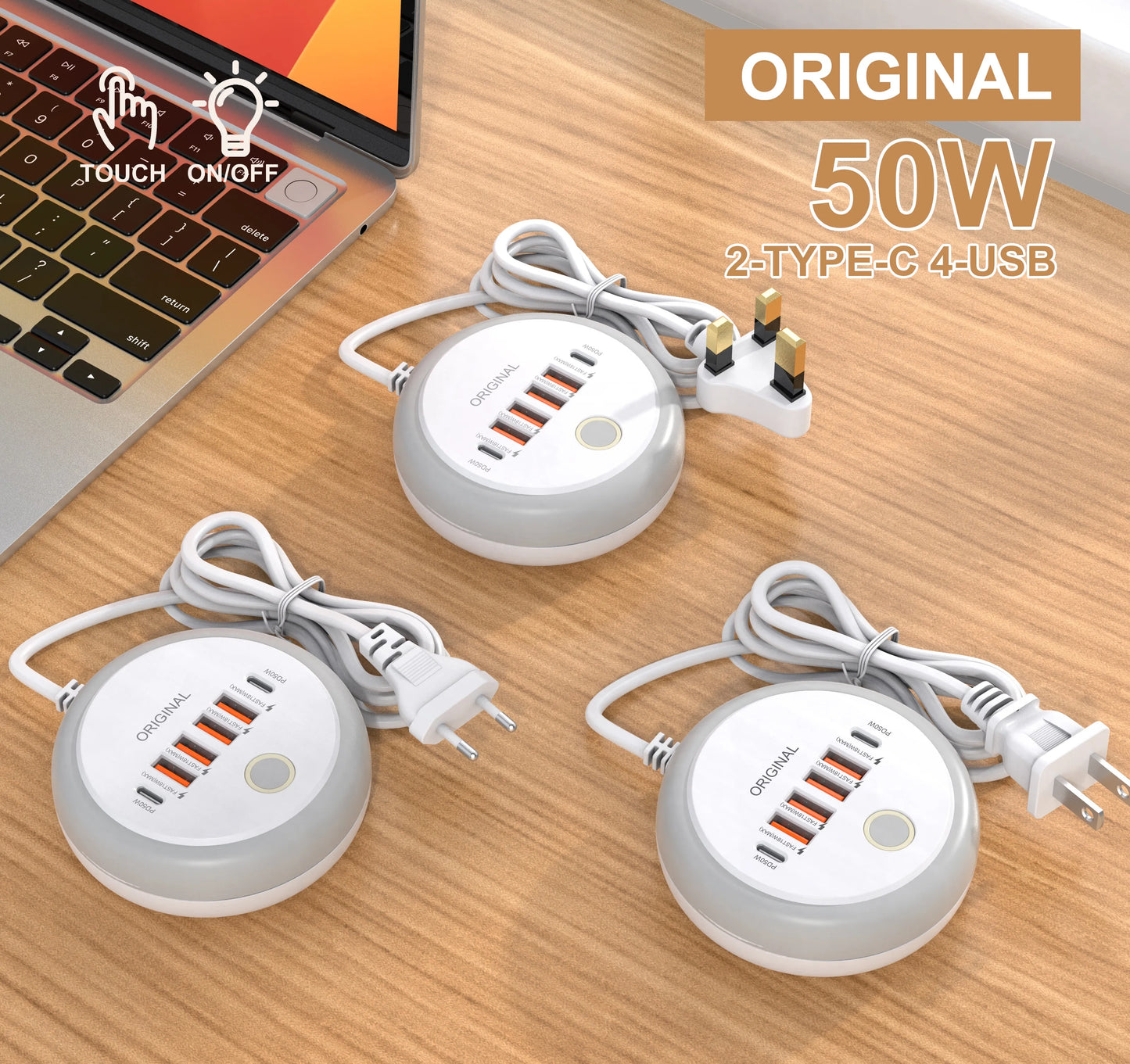 50W USB-C PD 6-Port Fast Charging Station with Touch LED Light