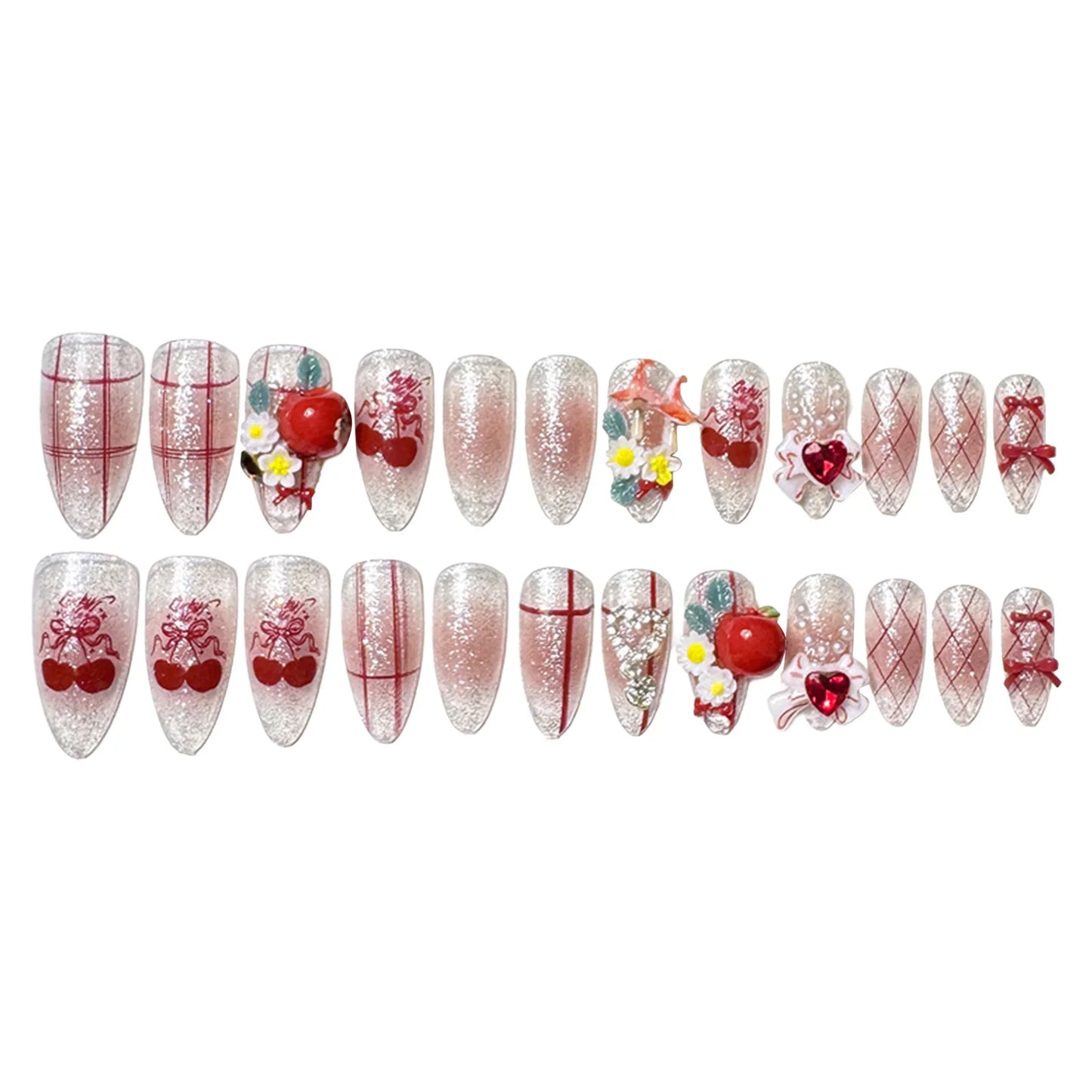 24pcs Flash Fake Nails Japanese Style Press On Nails Apples Heart Bow Decor Wearable Light Luxury Almond Fake Nails Party Daily Peaceful Pleasures Health and Wellness
