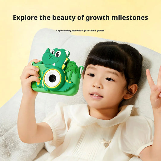Green Dinosaur Design Kids Digital Camera HD Dual Lens High Pixel Mini Portable Photo Video Camera Children Educational Toy Gift Peaceful Pleasures Health and Wellness