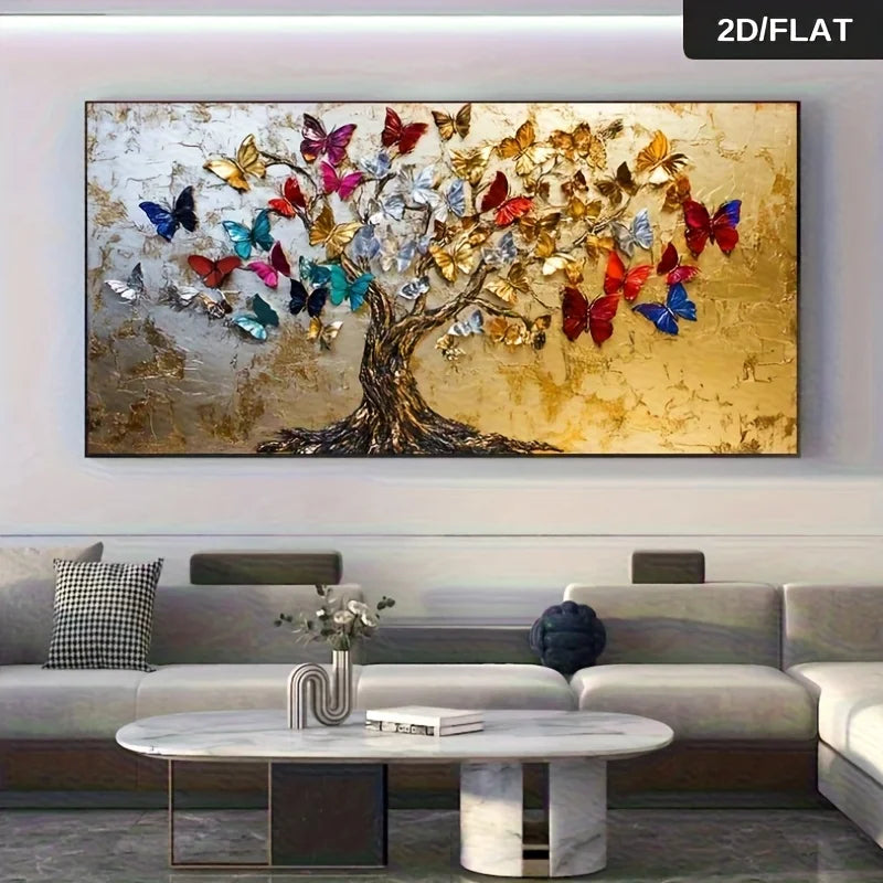 Vibrant Butterfly Tree of Life Canvas Art Unframed Modern Abstract Large Size Golden Tree Multicolor Butterflies Canvas Wall Art Peaceful Pleasures Health and Wellness