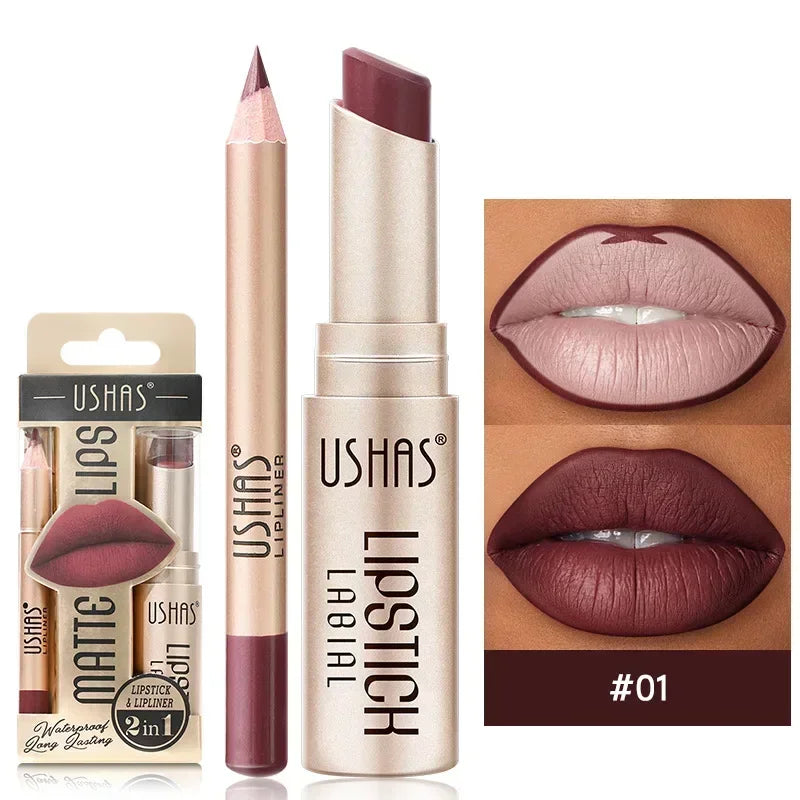 Professional 2 In 1 Lip Liner Lipstick Set Matte Finish High Pigment Long Lasting Waterproof Sweatproof Cosmetic Beauty Makeup Peaceful Pleasures Health and Wellness S1