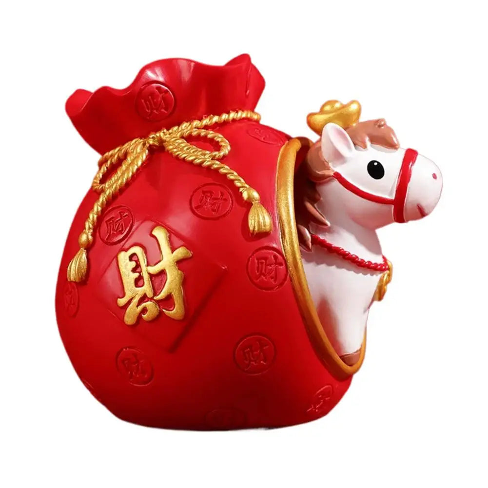 New Year of the Horse Zodiac Resin Ornament - Bag Money Theme Home Decoration New Year Annual Party Gift Craft Accessory Peaceful Pleasures Health and Wellness B