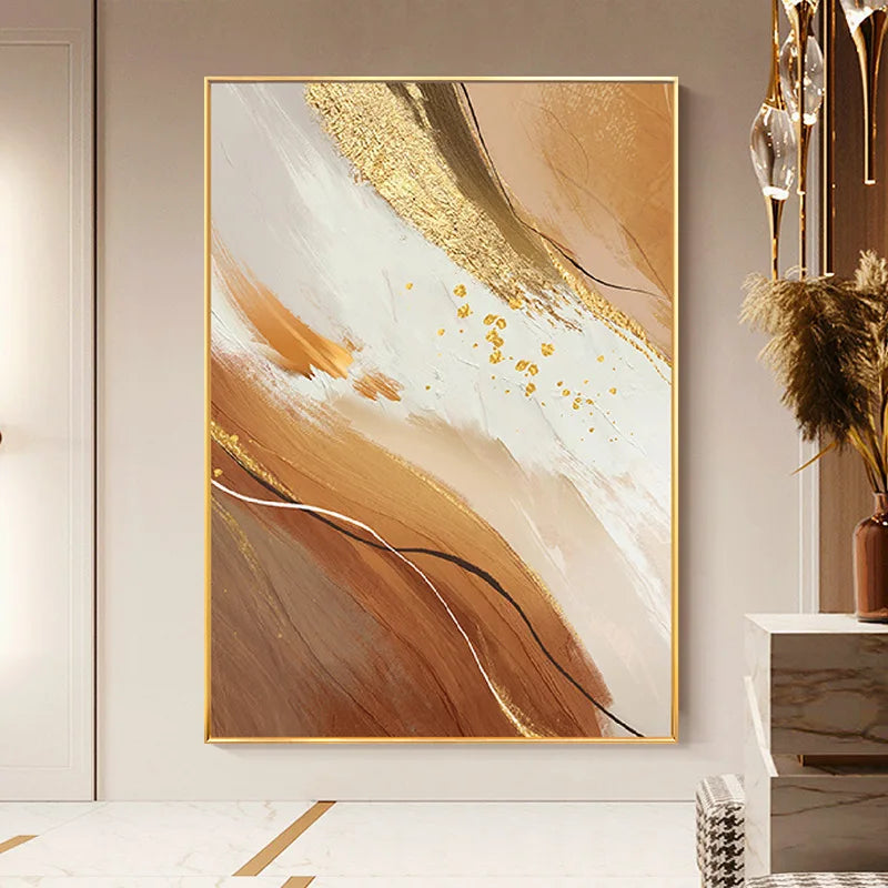 Abstract Hand-painted Canvas Oil Painting, Orange and Gold Foil, Decorative Porch Painting, Modern Luxury Peaceful Pleasures Health and Wellness