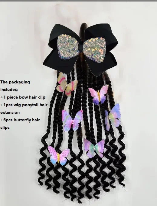 Kid Ponytail Braid Hair Extensions with Curly Ends - Elastic with Butter/ Dreadlock Hair Beads- Protective Hairstyle Detachable Peaceful Pleasures Health and Wellness Butterfly black