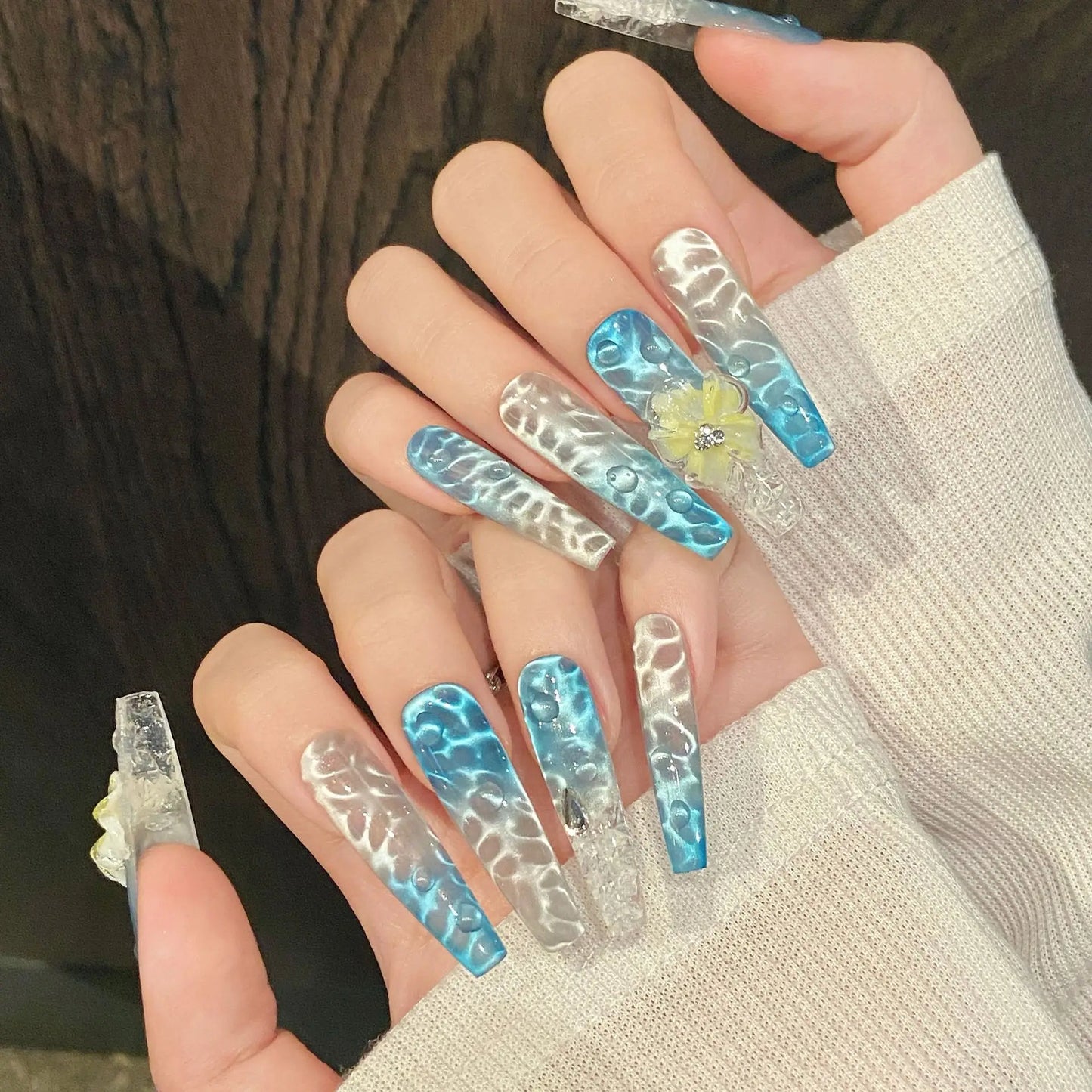 10pcs Handmade Mint Green Press on Nails 3D Yellow Flower Decor Fake Nails Wearable Glitter Gradient Cat Eye False Nail Tips Peaceful Pleasures Health and Wellness