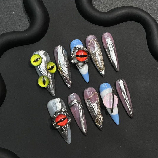 Gothic Y2K Metal Press-On Nails | Long Water Drop, 10pcs Press-On Nail Set Peaceful Pleasures Health and Wellness