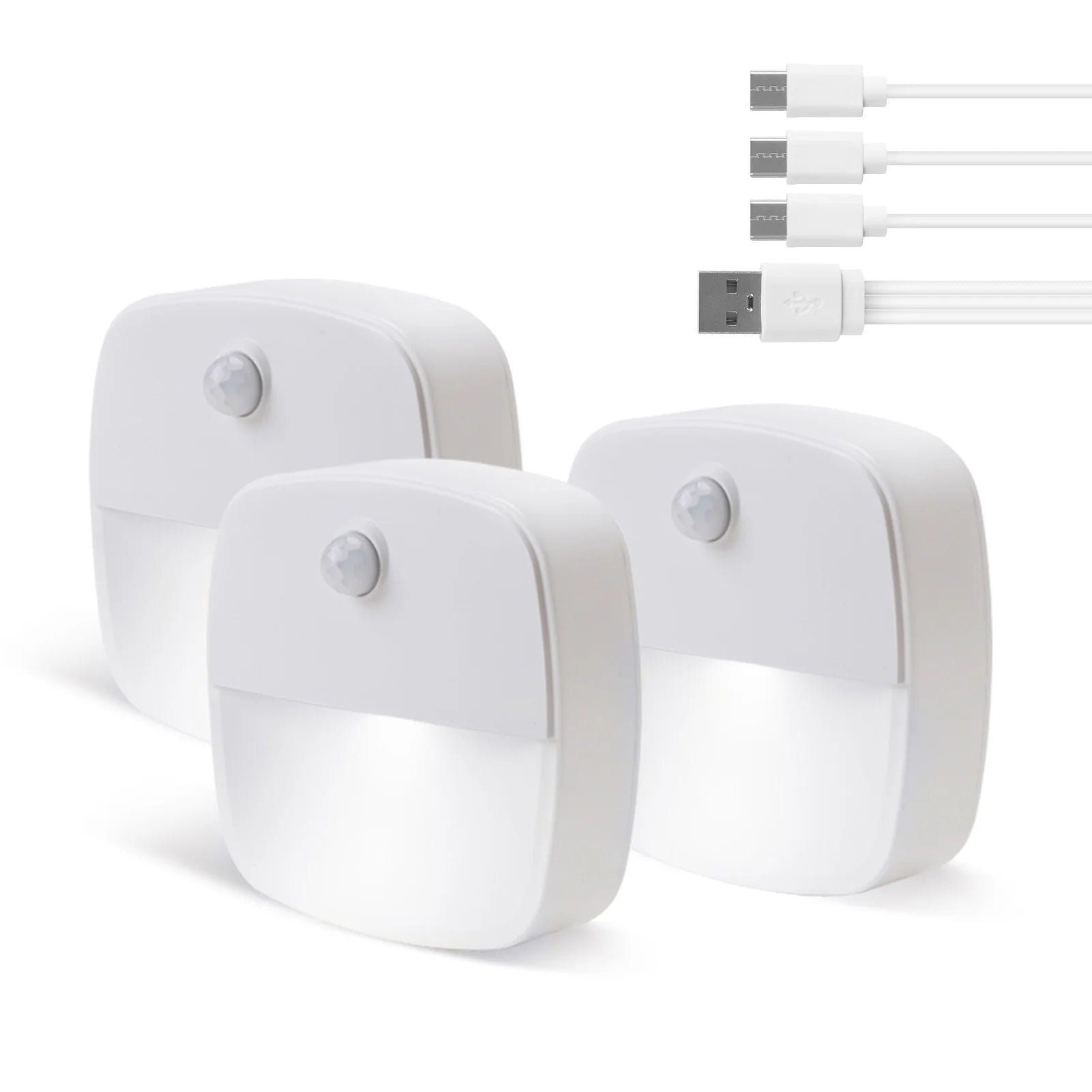 Motion Sensor LED Night Light Battery Operated Bedroom Stick on Warm Light for Bathroom Kitchen Cabinet Cupboard Hallway Stairs Peaceful Pleasures Health and Wellness 3pcs Recharge White
