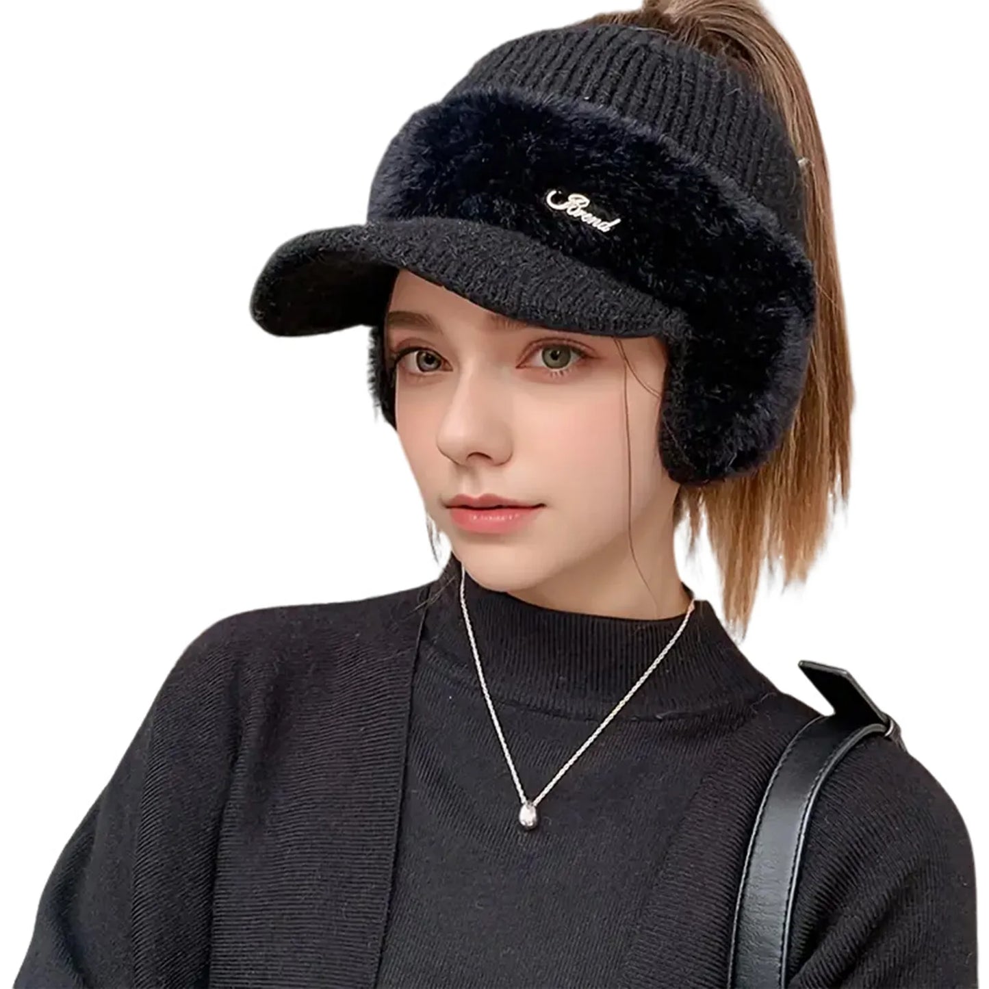 Knitted Ponytail Ear Protection Hats Breathable & Cozy Stretchy Knitted Baseball Hats for Leisure Walking Performance Peaceful Pleasures Health and Wellness Black