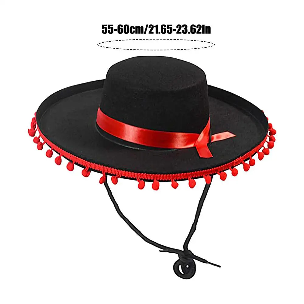 Mexican Sombrero Hat – Wide Brim Costume with Pom-Poms