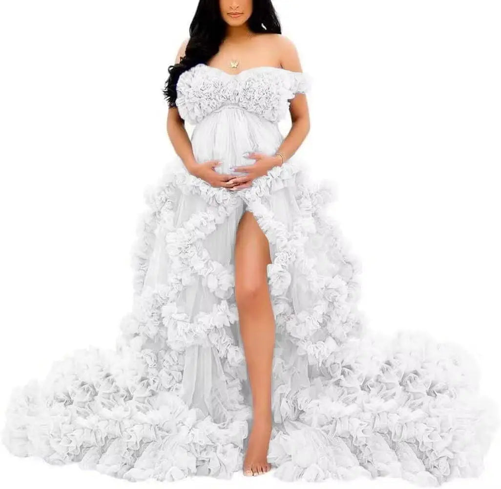 Photoshoot & Baby Shower Tulle Maternity Dress - Off Shoulder, Puffy Ruffles, Elegant Long Robe for Pregnancy Peaceful Pleasures Health and Wellness White US 2