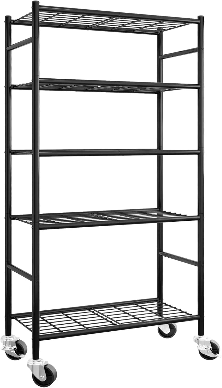 Black metal shelving unit with wheels on a white background