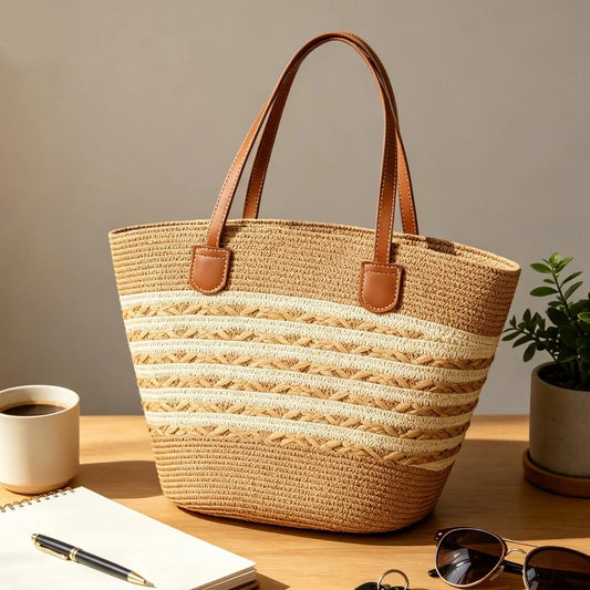 Large Boho Straw Tote Bag Smooth Zipper Shoulder Handbag For Travel Vacation Beach Shopping Office, Summer Bag for Women Peaceful Pleasures Health and Wellness