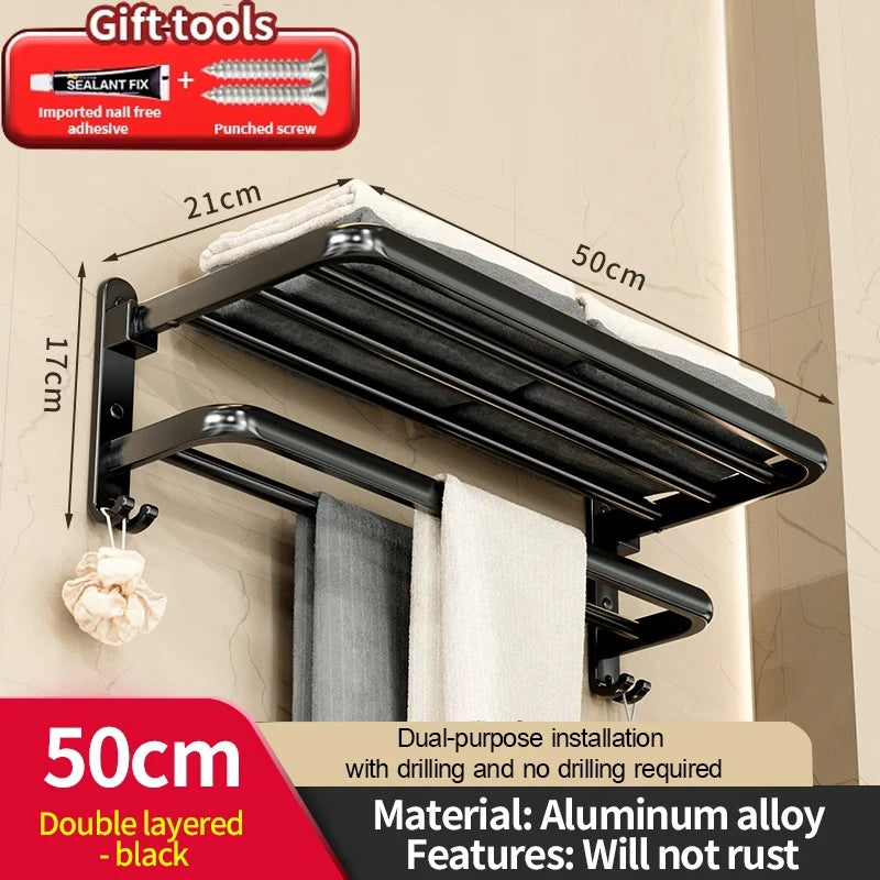 Foldable No-Drill Wall-Mounted Towel Rack – Black Metal Bar
