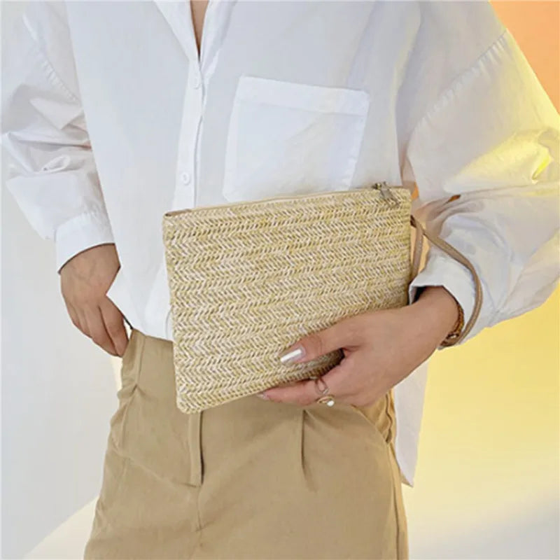 Clutch Bag for Women Handmade Backpack Fashion Ladies Wristlet Girl Phone Solid Straw Woven Coin Purse Beach Wallet Fresh Sweet Peaceful Pleasures Health and Wellness