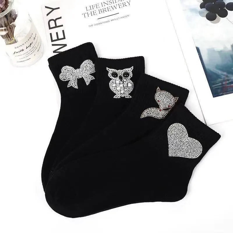 New Rhinestone Decorative Socks, Fashionable Diamond Sparkling Socks, Cute Cartoon Animal Pattern Comfortable Low Cut Socks Peaceful Pleasures Health and Wellness