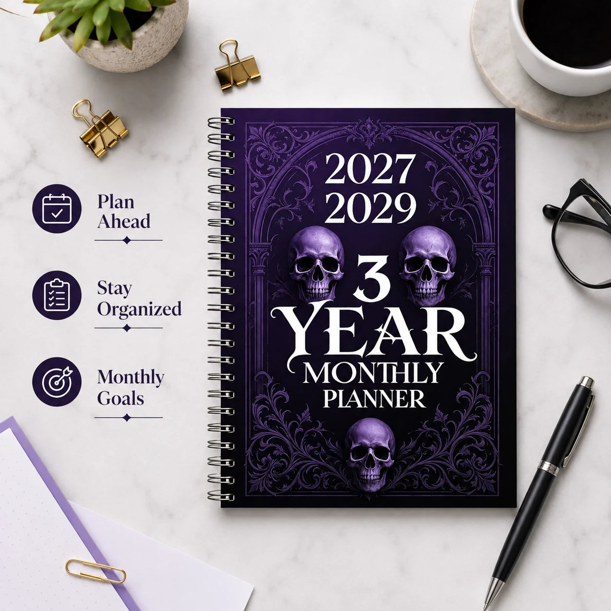 2027 2029 3 Year Monthly Planner Gothic Skull Spiral Journal
