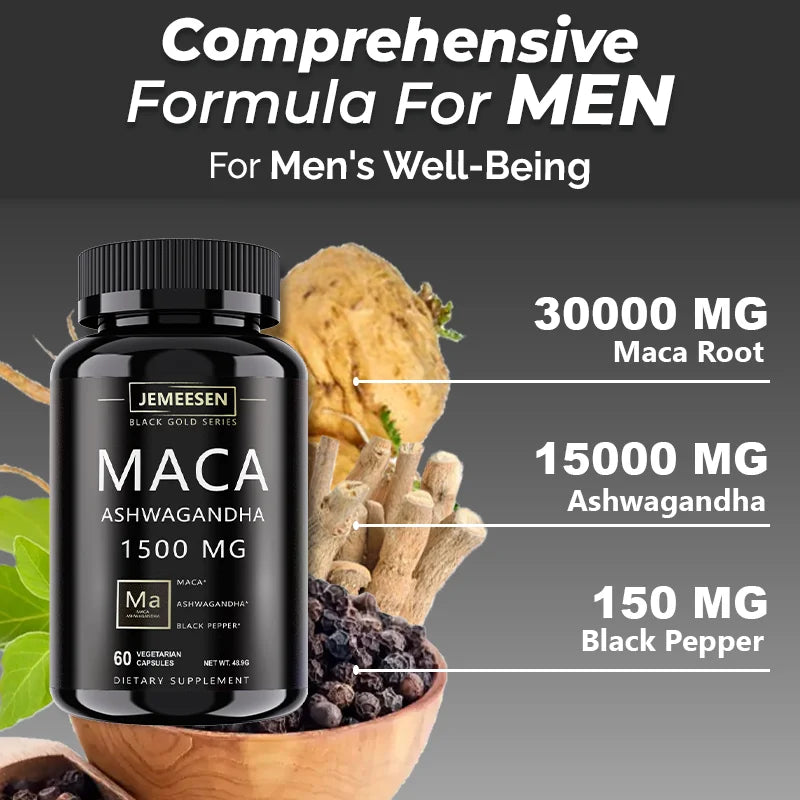Organic Maca Root Powder Capsules 1500mg containing Maca Root Extract,Ashwagandha,Black Pepper, Supplements for Men Peaceful Pleasures Health and Wellness