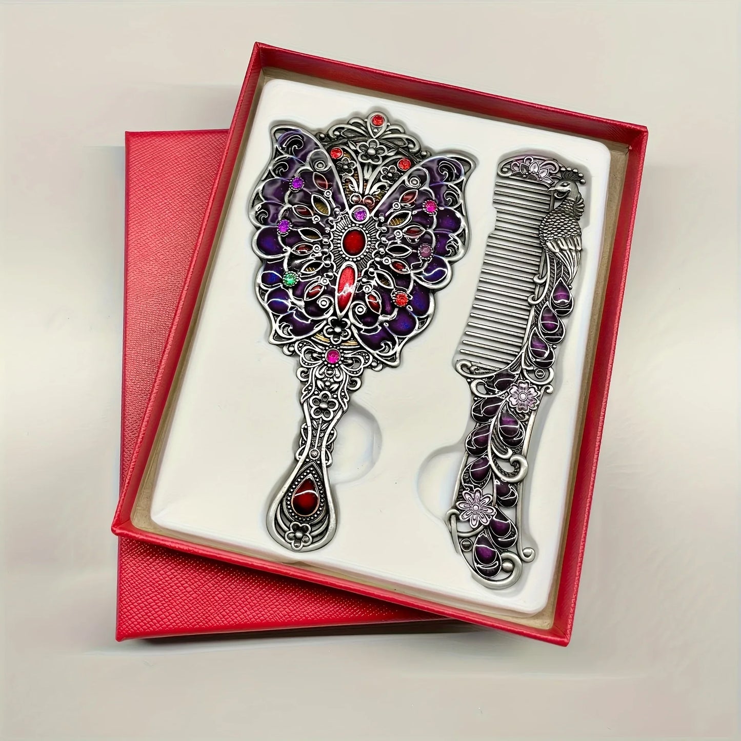 Vintage Peacock Mirror & Comb Set – Rhinestone Metal Gift