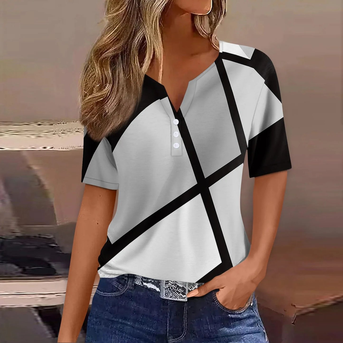 Women's Patchwork V-Neck T-Shirt | Casual Short Sleeve Button Top