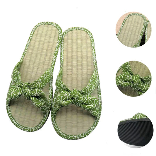 Women's Bohemian Flat Slide Sandals | Bow Rattan Beach Slippers Slide Sandals Peaceful Pleasures Health and Wellness