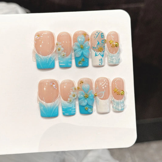 Handmade Blue Floral Press On Nails | Long Rectangle 10pc Set Press On Nails Peaceful Pleasures Health and Wellness
