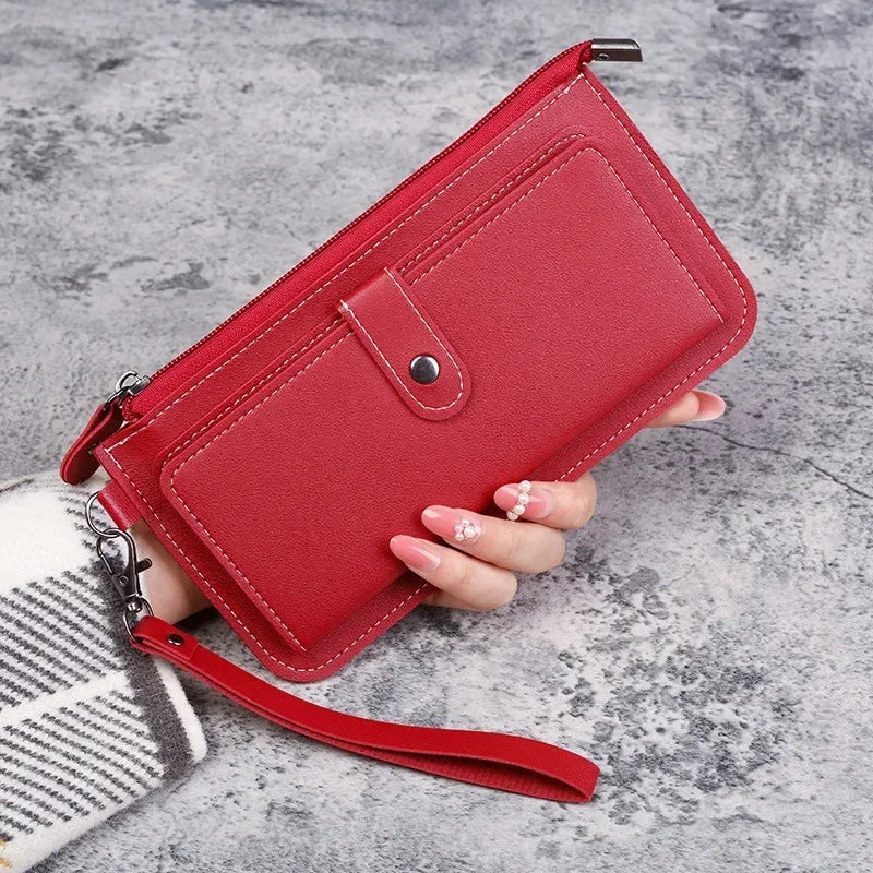PU Leather Long Multi-card Position Clutch Buckle Zipper Studen