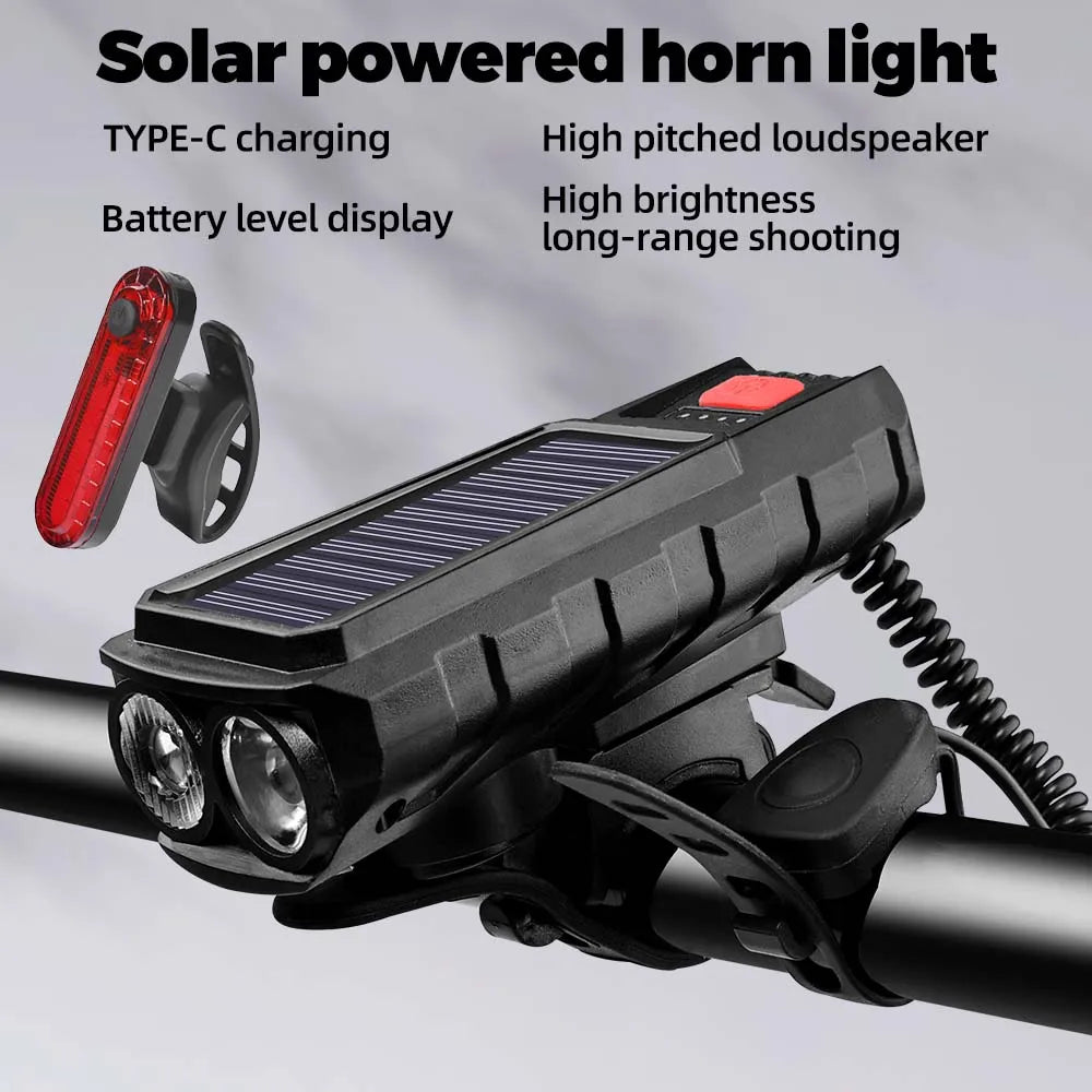 Solar USB-C Bike Front Light 300LM & 120dB Horn | MTB & Road