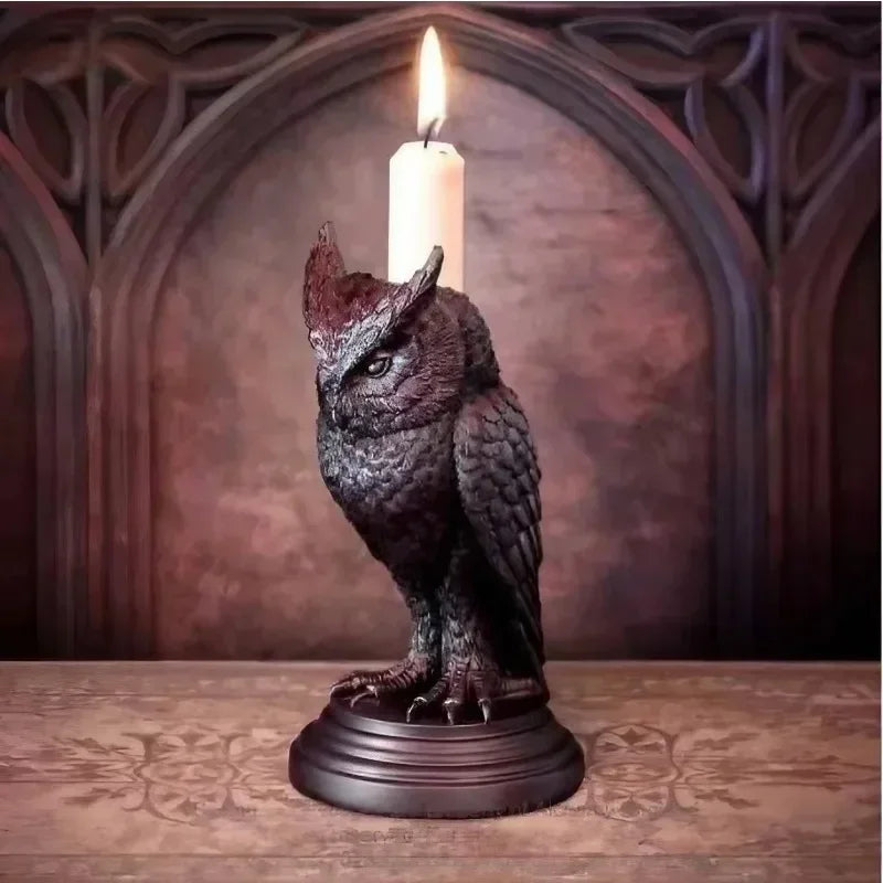 Gothic Halloween Owl & Raven Candle Holder Tabletop Ornament