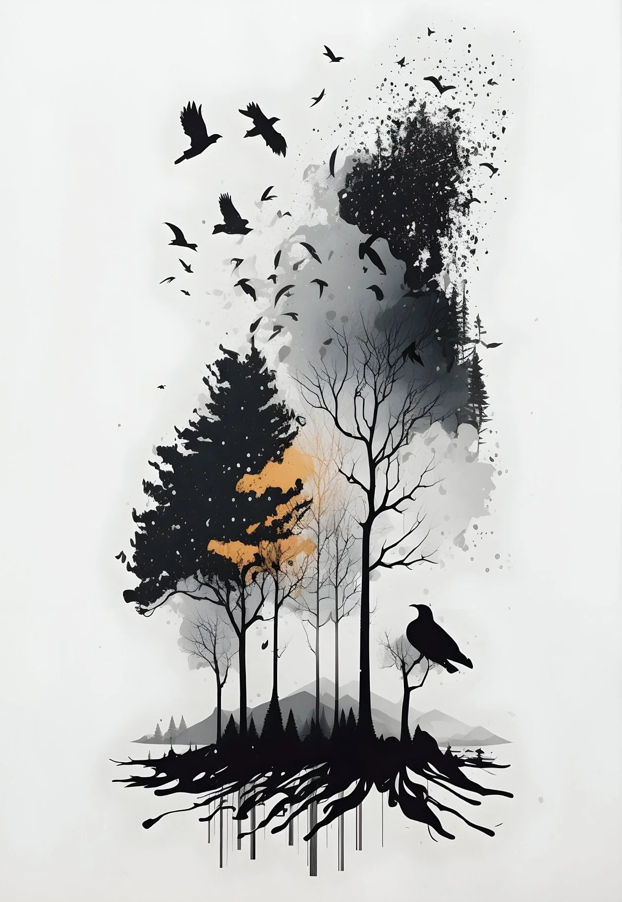 Black & White Mountain Crow Canvas Wall Art | Minimalist Print Canvas Wall Art Peaceful Pleasures Health and Wellness 4 50x70cm Unframed