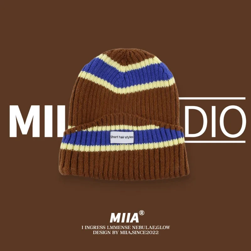 Striped Knit Beanie – Warm Contrast Color Winter Hat Unisex