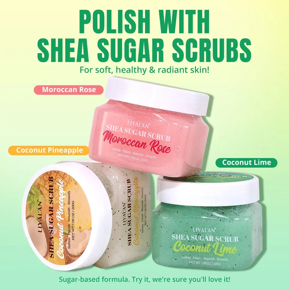 Shea Sugar Body Scrub Set – 12pcs Fruity Exfoliating Bath Scrub Peaceful Pleasures Health and Wellness