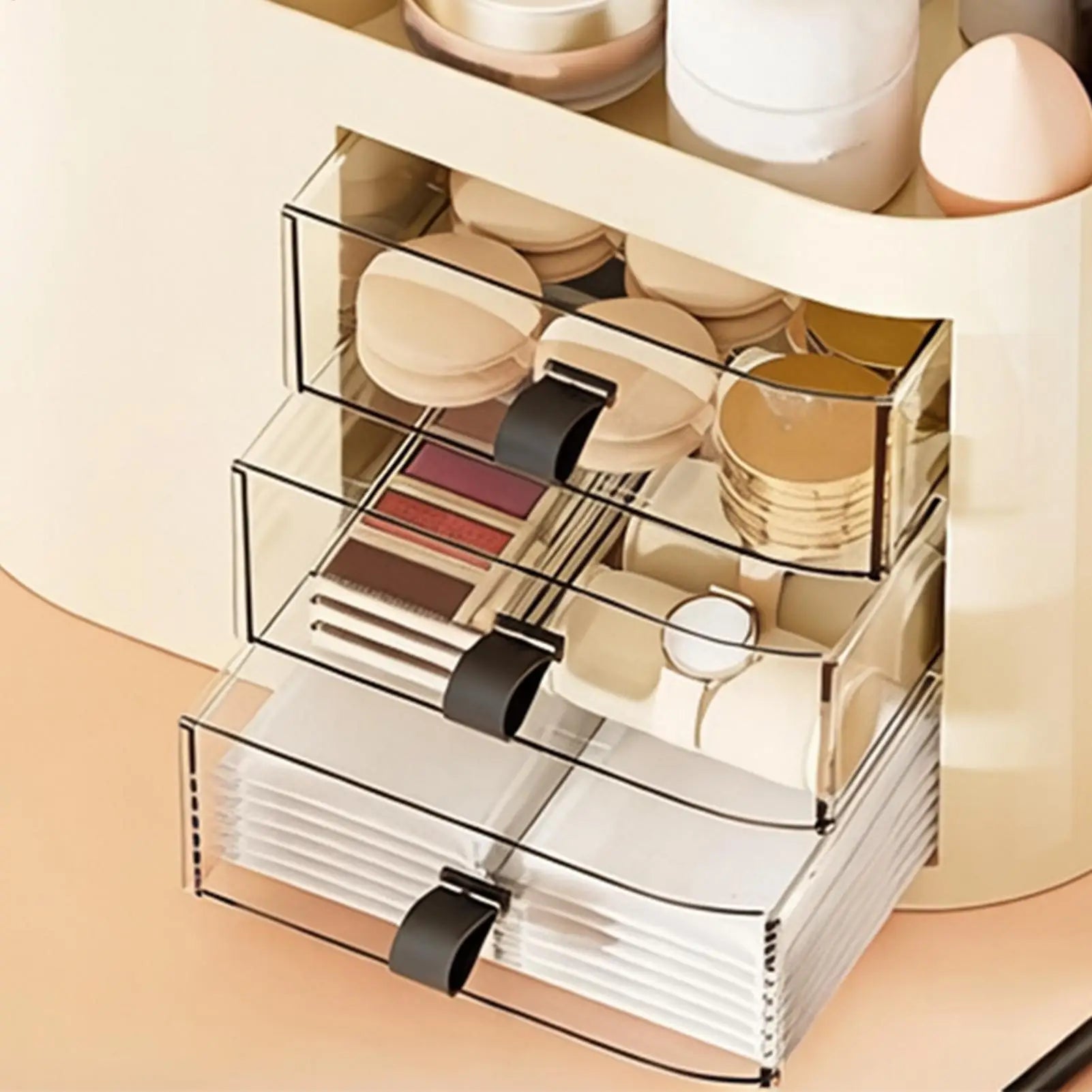 Makeup Organizer for Vanity with 3 Drawers Space Saving Dresser Cosmetic Storage Organizer for Perfume Brush Lipstick Skincare Peaceful Pleasures Health and Wellness