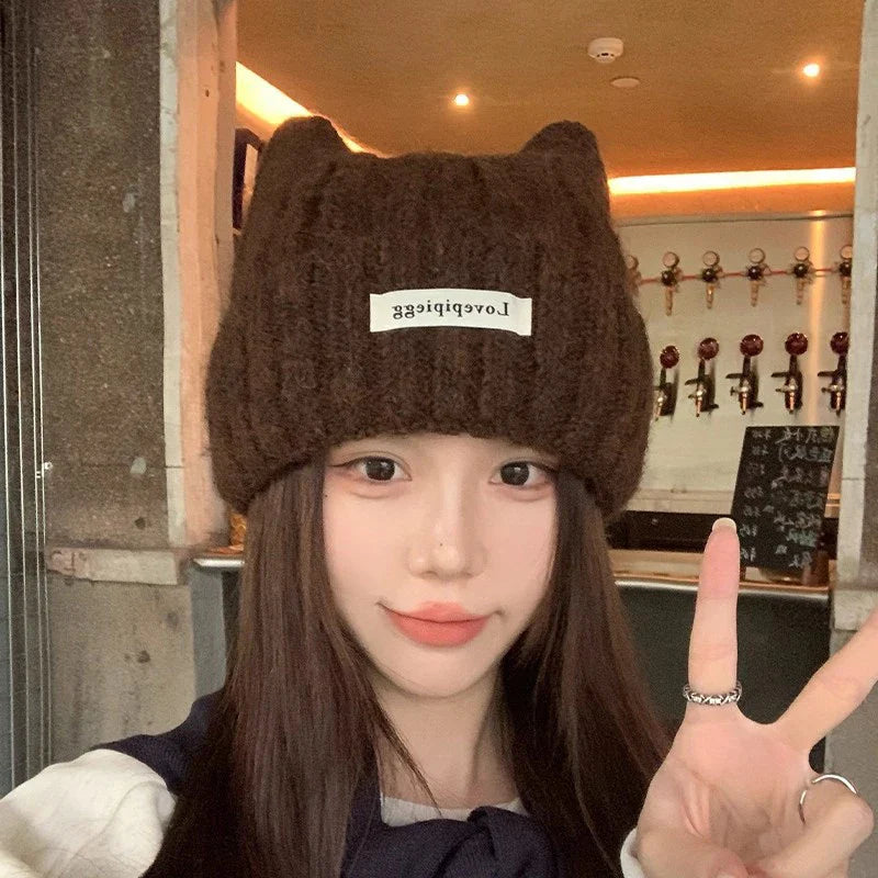 Cat Ear Knitted Beanie – Korean Style Winter Hat for Women