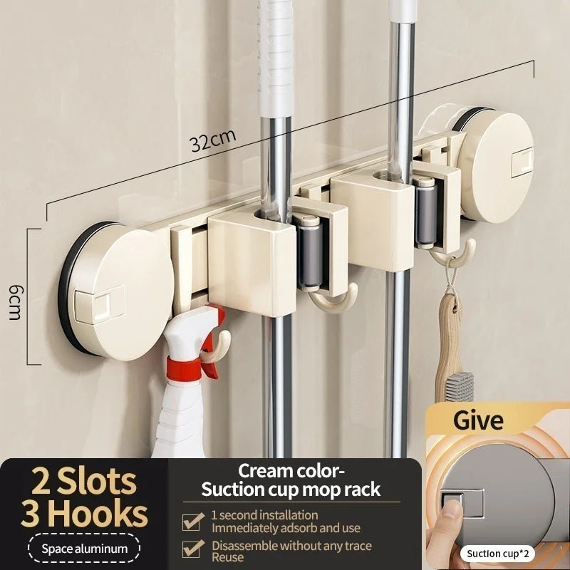 No-Drill Suction Cup Mop Rack Wall-Mounted Holder with 6 Hooks