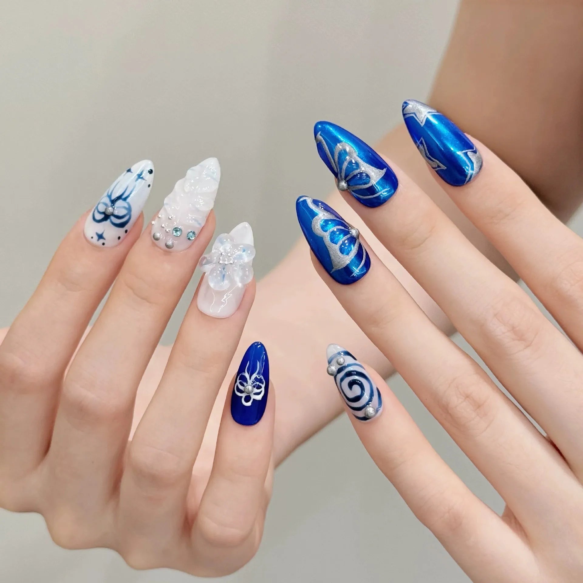 Handmade Press on Nails Blue Island Butterfly False Nails Wearable 3D Flower Decor Long Carved Almond Spice Girls Fake Nail Tips Peaceful Pleasures Health and Wellness