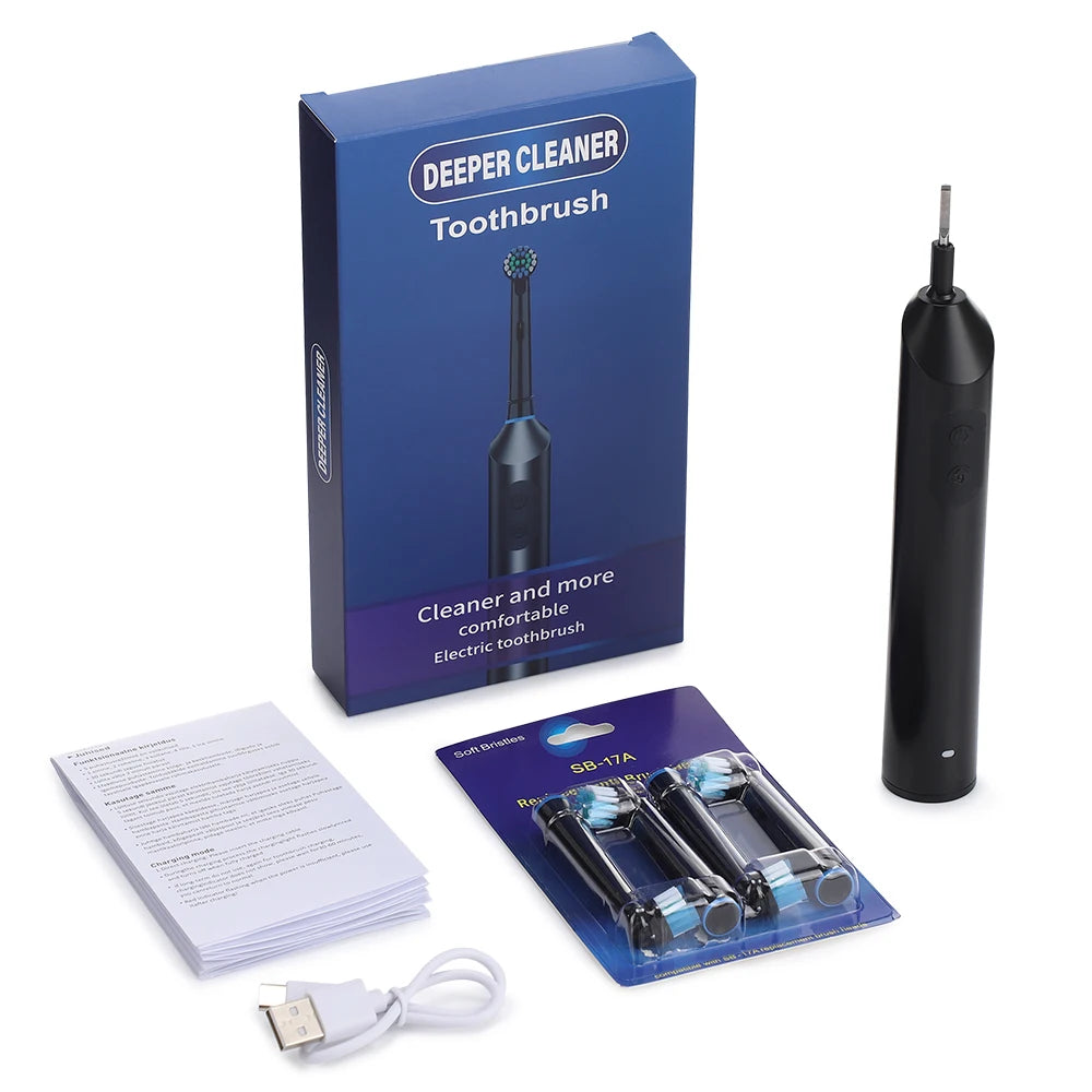 Rotary Electric Toothbrush for Adults 5 Modes Smart Rechargeable Auto Tooth Brushes with 4 Replacement Heads for Deep Cleaning Peaceful Pleasures Health and Wellness black