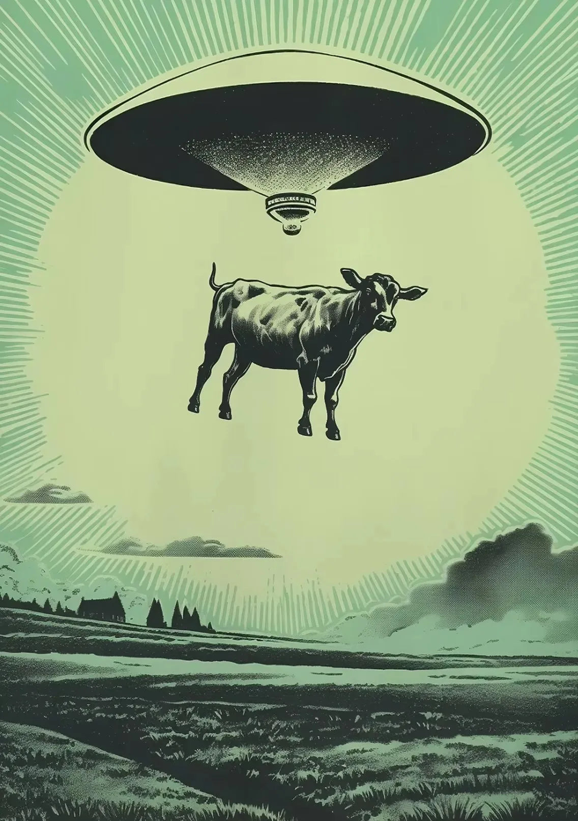 UFO Flying Saucer Alien Drink Coffee Art Print Poster Cow Abduction Canvas Printing Print Retro Sci Fi Wall Art Funny Home Decor Peaceful Pleasures Health and Wellness