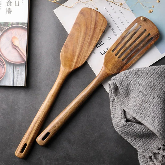 2-Piece Japanese-Style Wooden Spatula & Slotted Shovel Set – Natural Wood Cooking Utensils for Non-Stick Cookware Peaceful Pleasures Health and Wellness