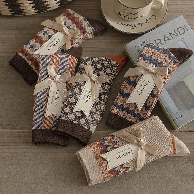 Autumn Winter Brown Mid Length Socks Fashion Grid Pattern Retro Fashion Mid Tube Sock Sweat Absorbing and Breathable Cotton Sock Peaceful Pleasures Health and Wellness