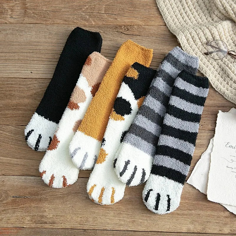 Women's Fuzzy Cat Paw Fluffy Socks | Warm Coral Fleece Floor Socks