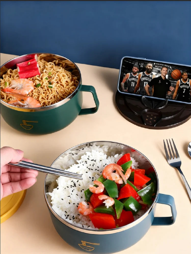 Stainless Steel Noodle Bowl with Drainable Lid Large Capacity Student Dorm Lunch Box Portable Office Food Bowl Kitchen Storage T Peaceful Pleasures Health and Wellness