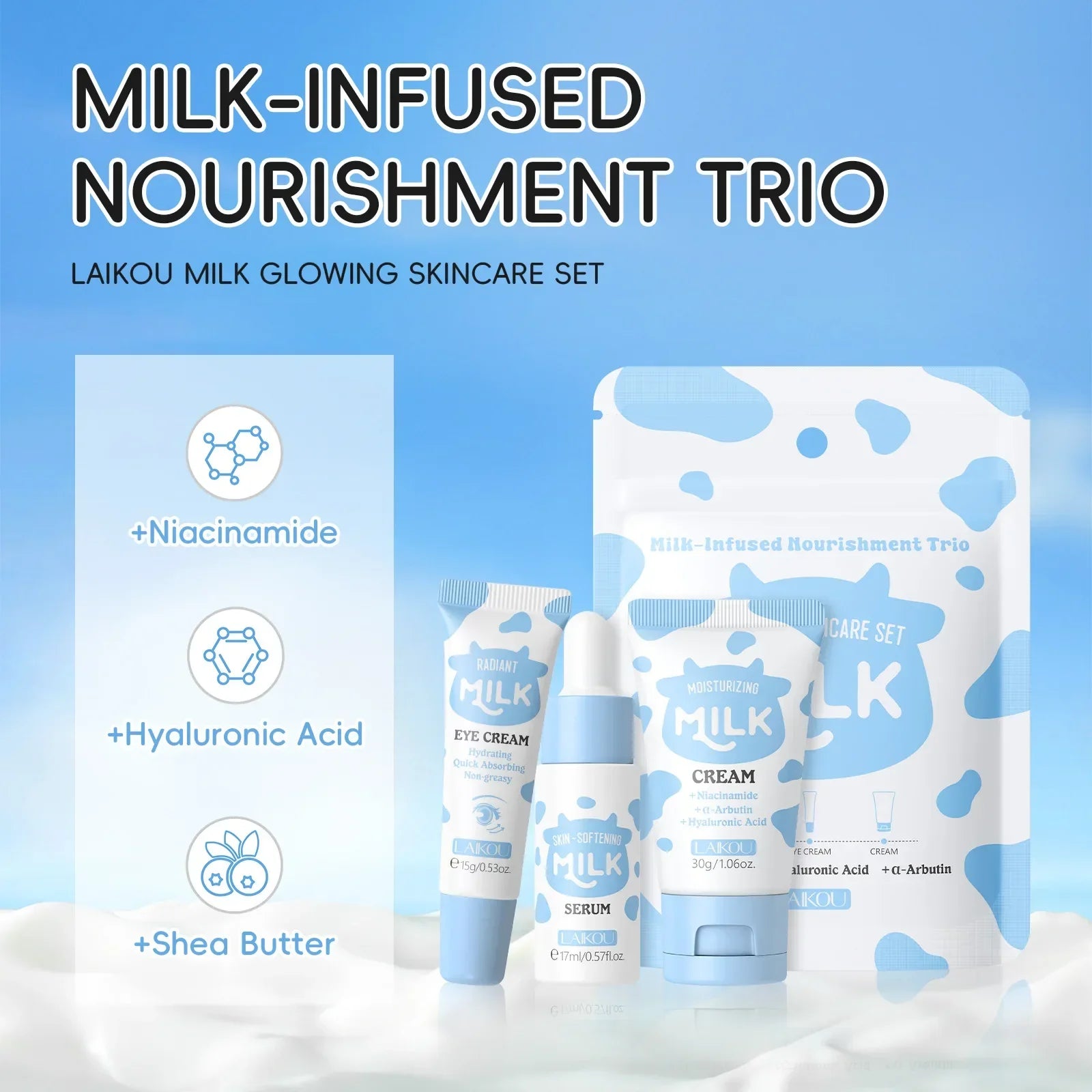 LAIKOU Milk Skincare Travel Set – Serum, Eye Cream & Face Cream 3pcs Peaceful Pleasures Health and Wellness