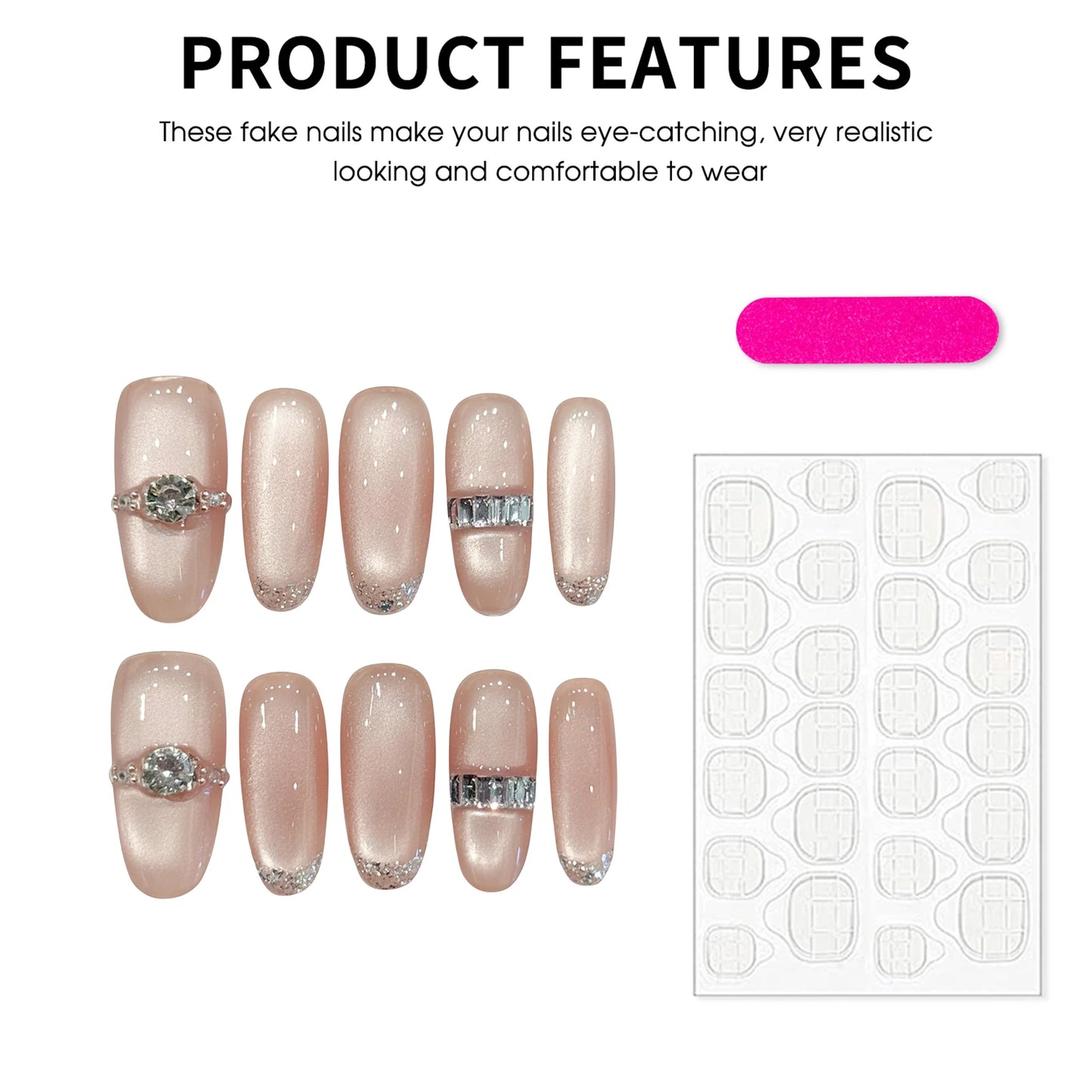 Cat Eye Glitter Press-On Nails | French Ring Design 10pc Set
