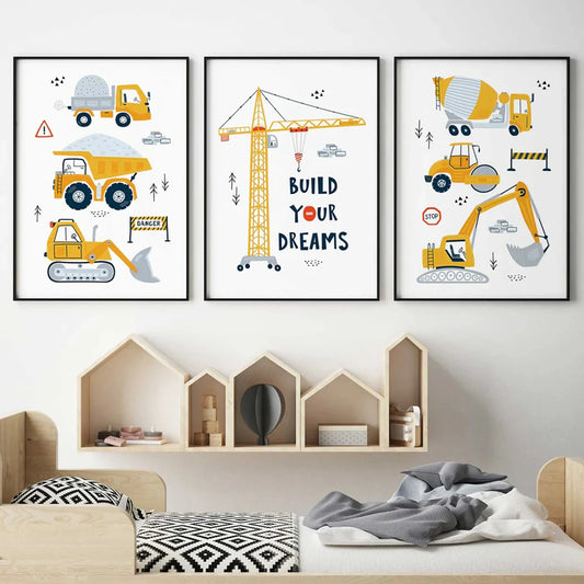 3-Piece Construction Vehicles Canvas Wall Art | Kids Room Decor Canvas Wall Art Set Peaceful Pleasures Health and Wellness G4433-3pcs 21x30cm Metal Framed