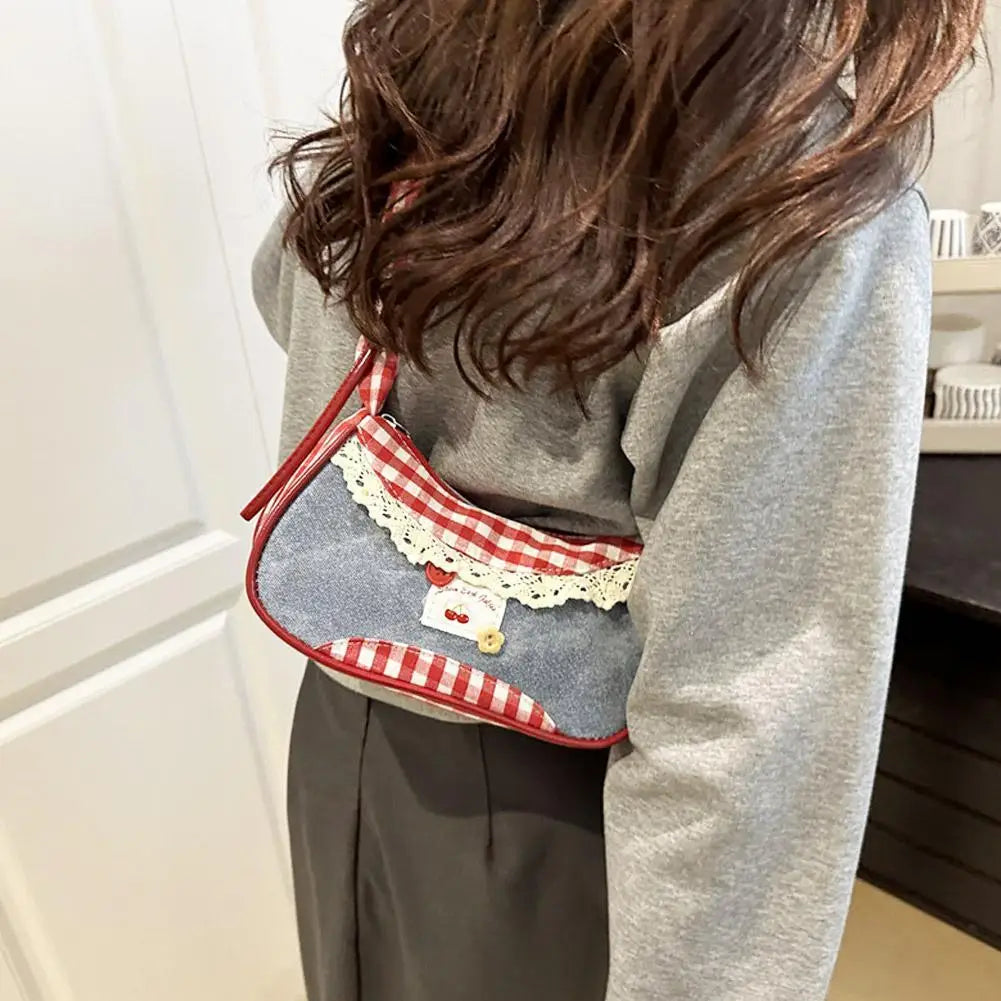 Y2K Checkered Lace Bowknot Shoulder Crossbody Bag for Women