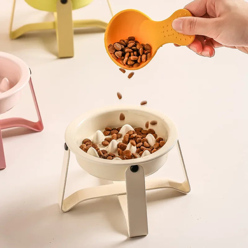 Ceramic Slow Feeder Cat Bowl with Elevated Iron Stand Elevated Cat Bowl Peaceful Pleasures Health and Wellness